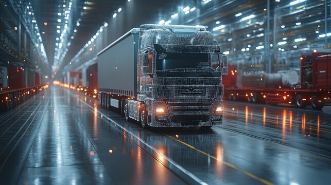 A holographic interface displays data for logistics management while a truck navigates through an advanced warehouse filled with automated systems.