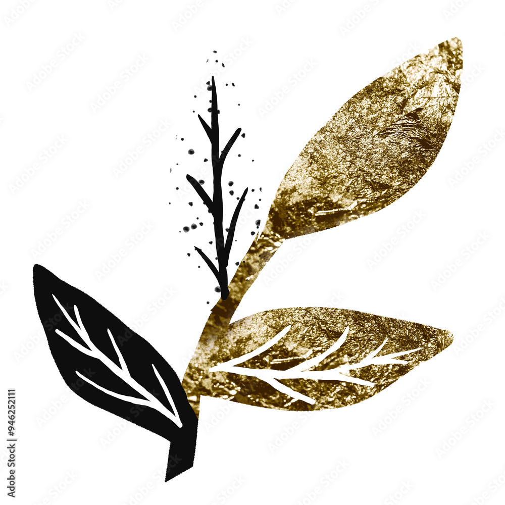 Sticker aesthetic leaf png nature sticker, golden abstract design on transparent background