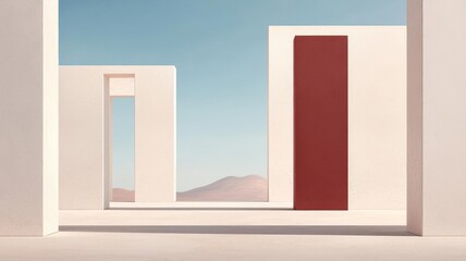 Stylized ancient ruins in a barren, minimalist landscape with a bold red accent, classical meets modern