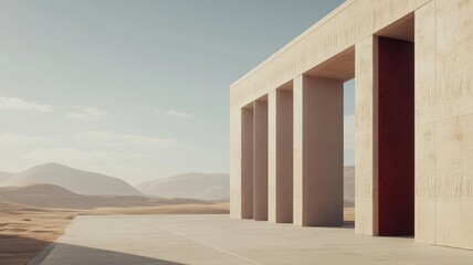 Stylized ancient ruins in a barren, minimalist landscape with a bold red accent, classical meets modern