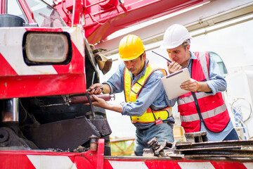 Fototapeta premium Team of workers at construction site with heavy machines.