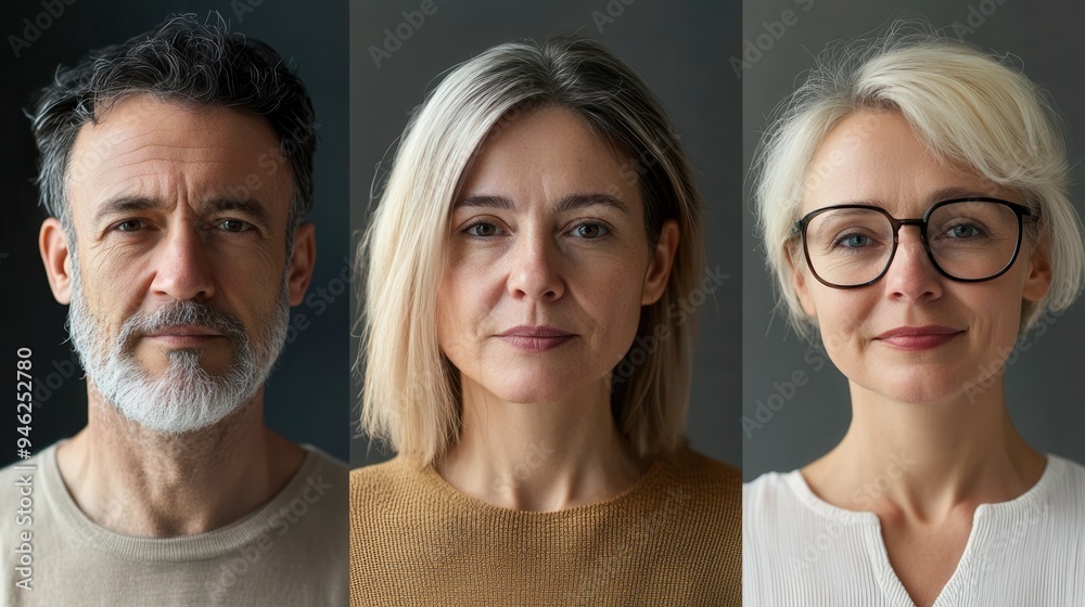 Poster three adults stand side by side, each displaying distinct hair colors and styles, showcasing their u