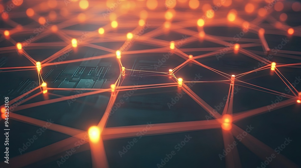 Fototapete 3d network nodes with connecting lines, abstract technology concept, no people, space for text