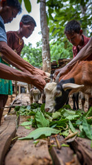 Farmers feeding goats with fresh greens in a rural setting during midday under a canopy of trees