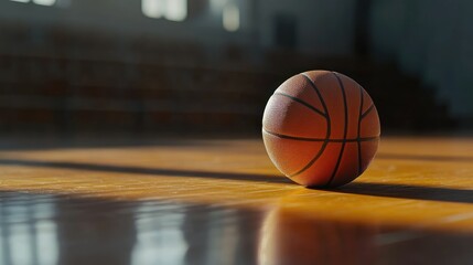 Naklejka premium A solitary basketball resting on the hardwood court, detailed close-up with copy space