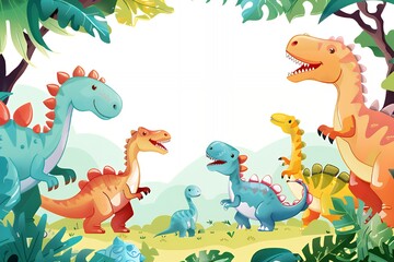 Obraz premium A colorful illustration of cartoon dinosaurs in a lush jungle setting.