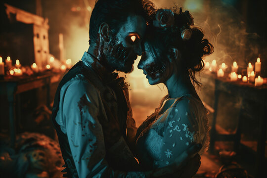 Corpse Wedding bloodied bride and groom terrifyingly undead in cursed horror scene for a Halloween nightmare