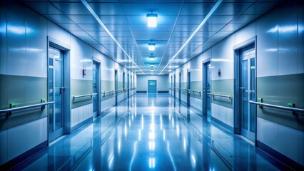 A blurred and sterile hospital corridor stretches into the distance, lined with rows of closed doors and dimly lit by flickering fluorescent lights overhead.