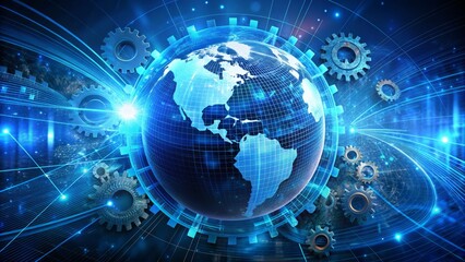 A blue globe surrounded by coding brackets and gears, symbolizing the connection of web development and technology in a futuristic and innovative digital landscape.