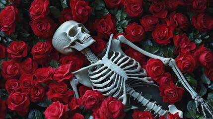 A human skeleton lying on a bed of roses, symbolizing love and passion, even in death.