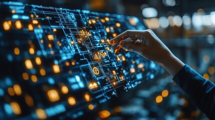 A user's hand interacts with a holographic interface displaying waste management data and analytics in an industrial environment.