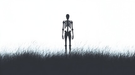 Haunting Skeletal Silhouette in Foreboding Shadowy Field with Dramatic Contrasts and Textures