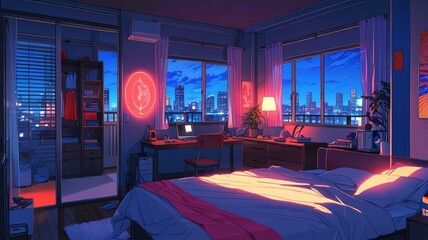 anime bedroom anime retro neon theme
