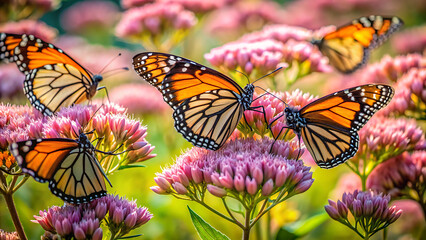 Fototapeta premium Common Tiger or Danaus genutia, Orange with white and black color pattern on insect wing, Monarch butterfly seeking nectar on flower in the field with