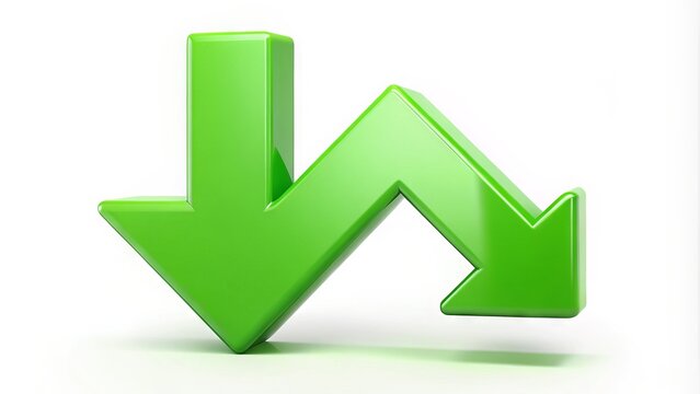 A bright green downward-facing arrow icon symbolizes decline, reduction, or downfall, set against a crisp white background with subtle gradient effects for visual impact.