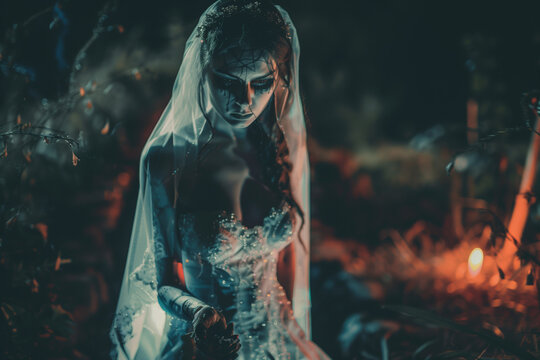 Corpse Bride undead and blood-splattered holds a bouquet in a horrifying image for Halloween and horror scenes