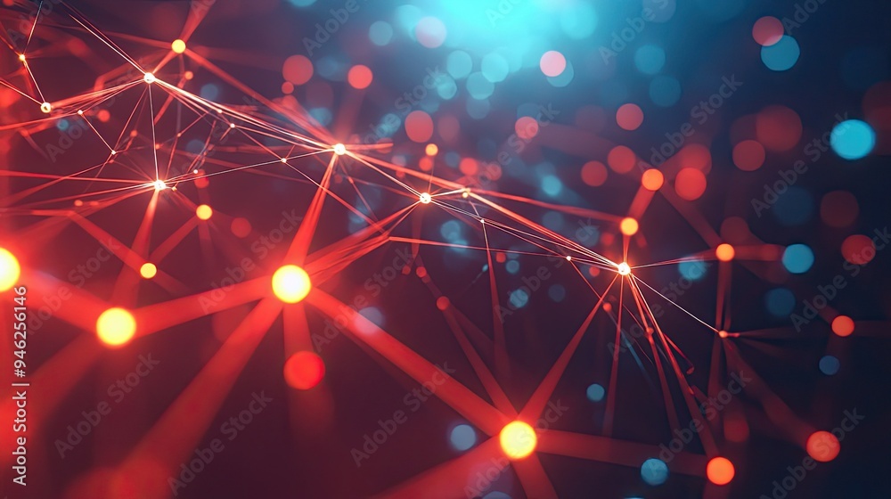 Fototapete abstract network web with digital nodes, glowing lines, ample space for text