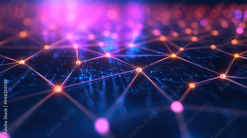 Fototapete abstract network web with digital nodes, glowing lines, ample space for text