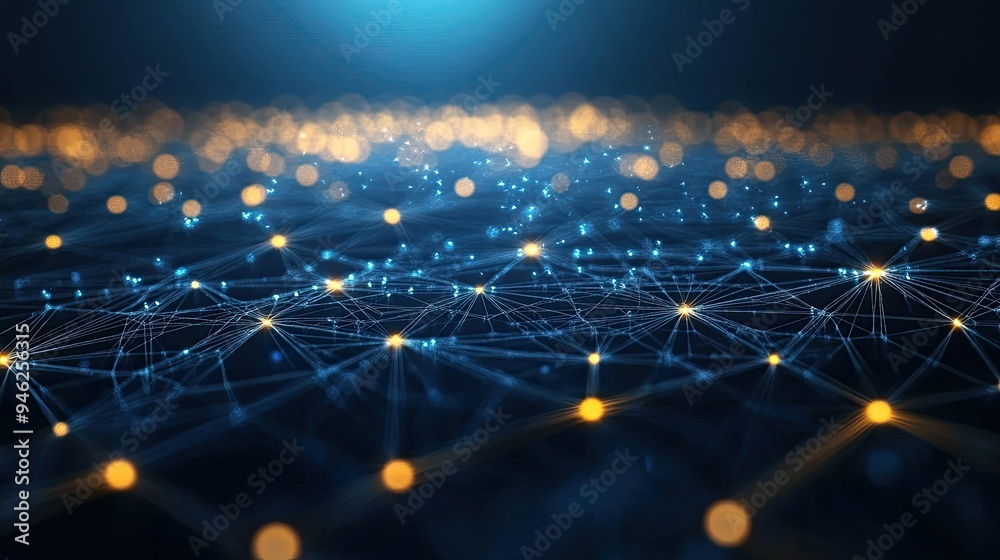 Fototapete abstract network with glowing digital nodes, clear and open, space for text