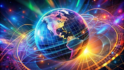 Obraz premium Abstract digital artwork featuring a wireframe globe on a vibrant, swirling background of shapes and colors, blending technology and art in a futuristic design.