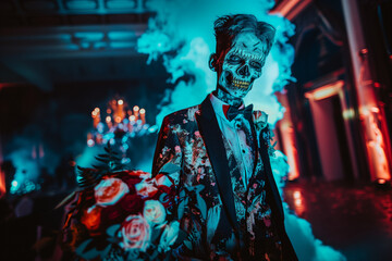 Corpse Groom terrifyingly blood-splattered in his undead wedding suit for this horror scene on cursed wedding day