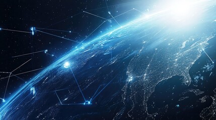 Fototapeta premium Abstract satellite connections circling the globe, digital concept, ample space for copy