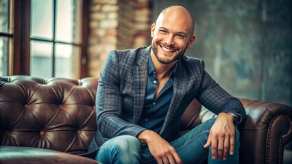 A charismatic actor and musician with a bright smile, shaved head, and stylishly dressed, sitting comfortably on a couch, exuding confidence and charm.