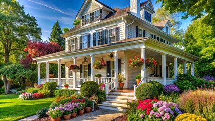 A charming colonial-style house with white columns and a wraparound porch sits amidst lush greenery and colorful blooming flowers in a sunny Delaware neighborhood.