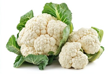Fresh cauliflower heads with green leaves on a white background.