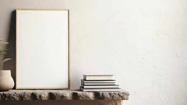 Empty wooden frame leaning against a wall on a stone table, next to a vase with green leaves and a stack of books. Minimalist interior decor mockup.