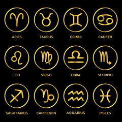 Zodiac signs set. Golden shining astrological icons isolated on a black background. Vector illustration.