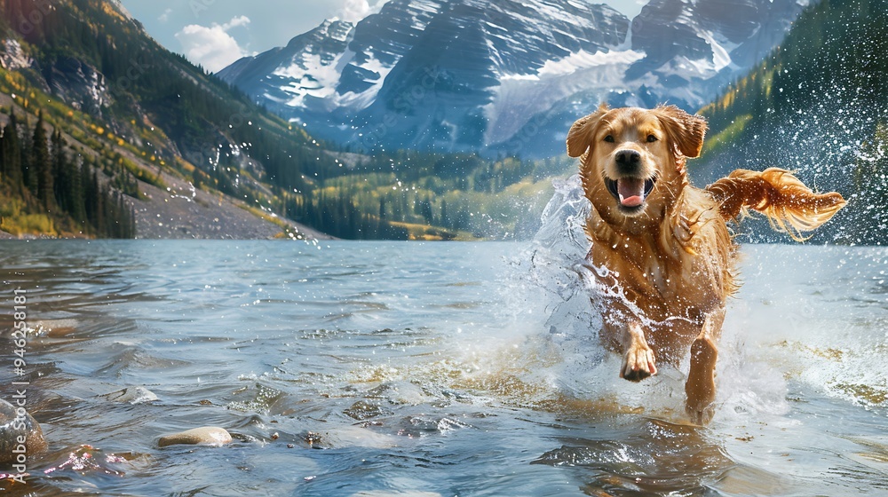 Canvas Prints A joyful golden retriever splashes through a serene lake surrounded by majestic mountains.