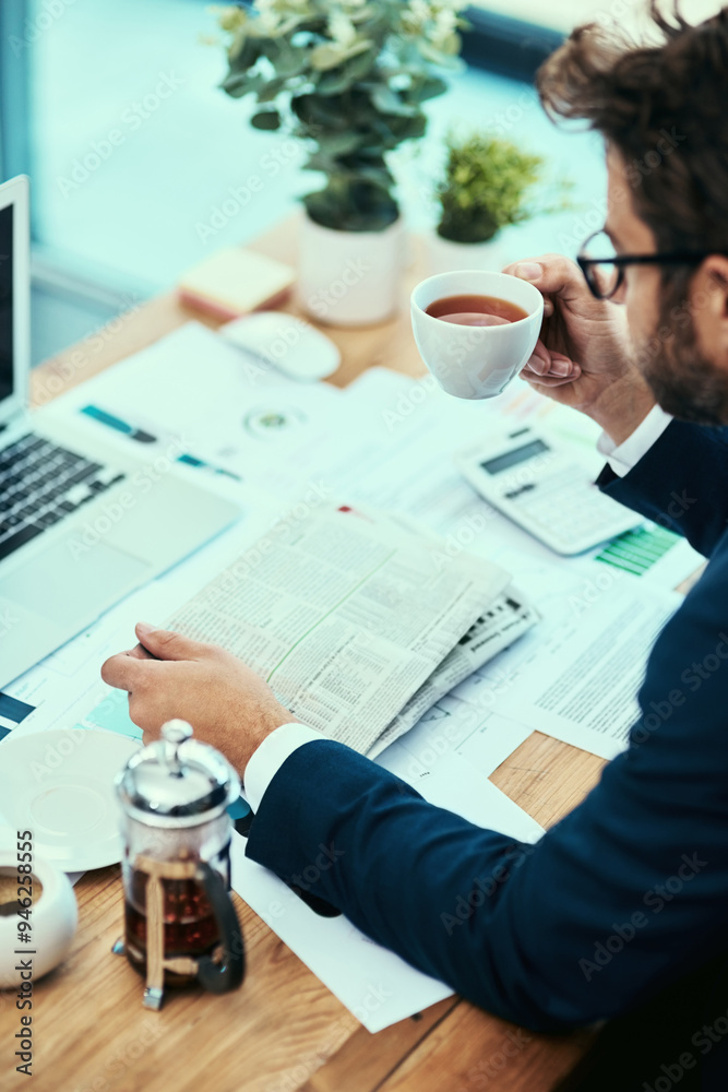 Poster businessman, reading and planning with documents in office for investment, analysis and share price 