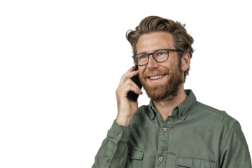 Portrait of a smiling businessman talking on the phone, isolated on transparent background, cut out
