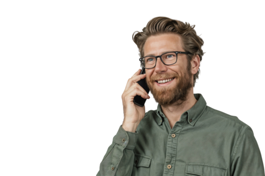 Portrait of a smiling businessman talking on the phone, isolated on transparent background, cut out