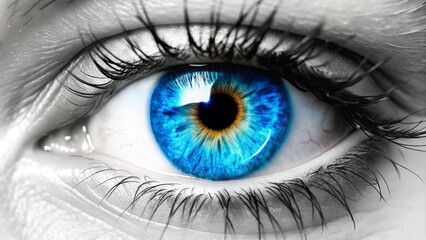 Fototapeta premium A close-up of a single human eye, isolated on a pure white background, with vivid blue iris and sharp pupil, conveying intensity and focus.