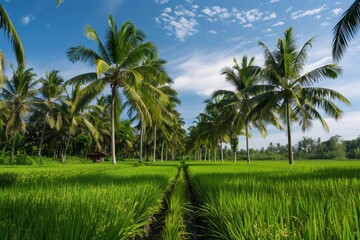 Fototapeta premium Rows of coconut trees among rice fields with bright sky in the background