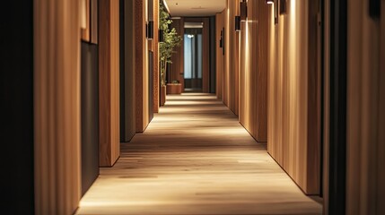 Cozy hallway with wooden accents, soft lighting, perfect for text overlay