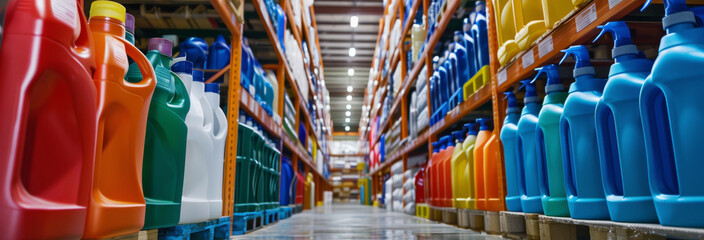 Industrial cleaning supplies in a warehouse showcasing various colorful detergent bottles