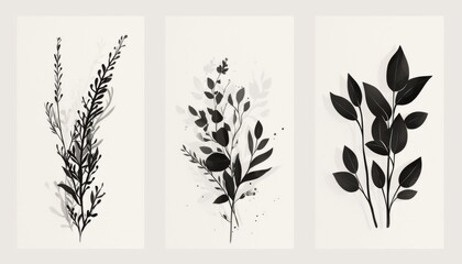 Three Vertical Framed Black-and-White Botanical Illustrations with Transparent Glass Leaves