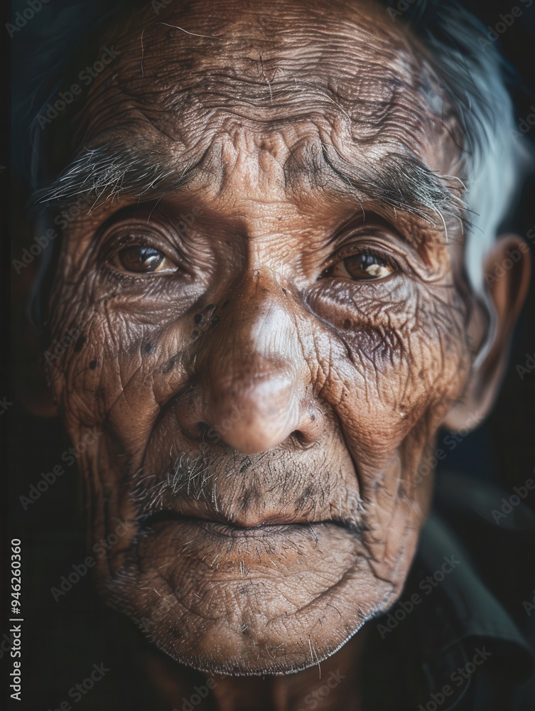 Poster an elderly man with profound wrinkles reflects wisdom and calmness in a cozy indoor environment, ill