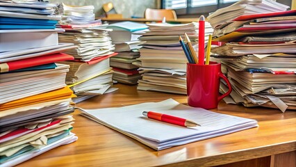 A cluttered teacher's desk is scattered with papers, pens, and a worn-out red grading pen, surrounded by piles of stacked assignments awaiting evaluation.