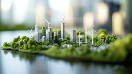 A miniature model of a sustainable city with wind turbines and greenery.