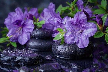 Fototapeta premium Spa with purple azalea flowers and massage stones