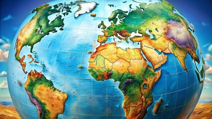 Naklejka premium A colorful, detailed, and high-resolution globe illustration showcasing continents, hemispheres, and oceans, providing an educational and visually appealing representation of our planet.