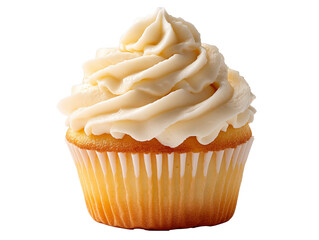Vanilla cupcake with creamy white frosting on white background. Cut out shape