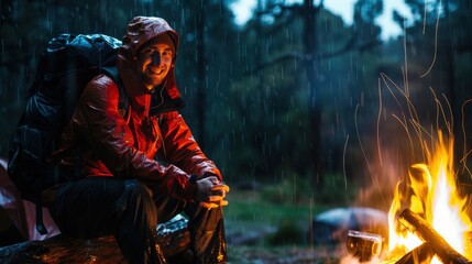 Smiling hiker warming up by campfire in the rain