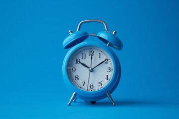 Blue color old fashioned bell alarm clock isolated on blue background