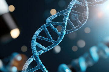 Intricate DNA Helix, a detailed depiction of a molecular structure spiraling in vibrant blue tones, symbolizing the essence of genetic information and heredity.