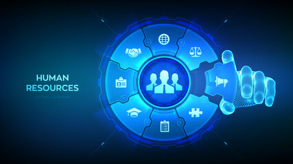 Human Resources. HR management, recruitment, employment, headhunting. Human social network and leadership. Wireframe hand places an element into a composition visualizing HR. Vector illustration.
